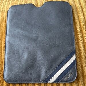 Authentic Prada Navy Tablet Holder with white stripe accent.